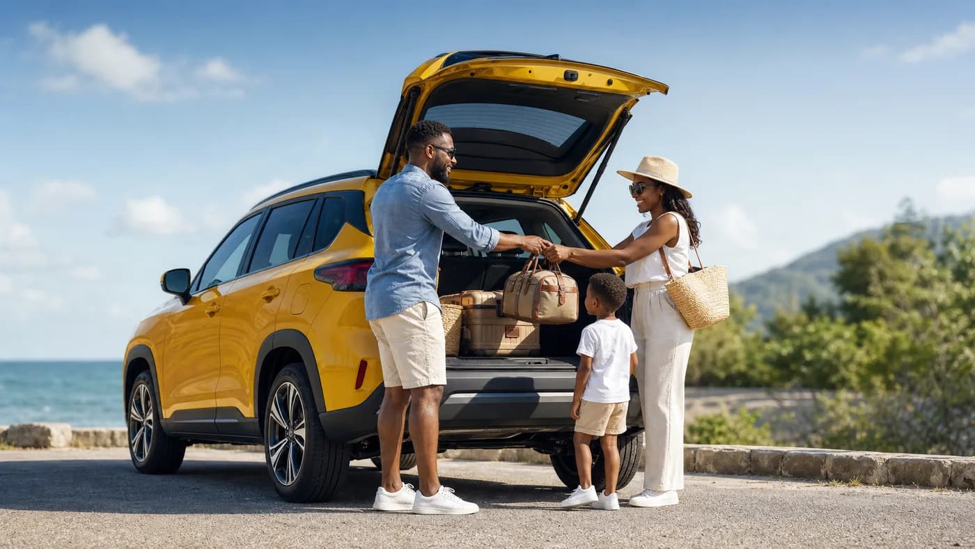 Family preparing for a trip beside a yellow SUV